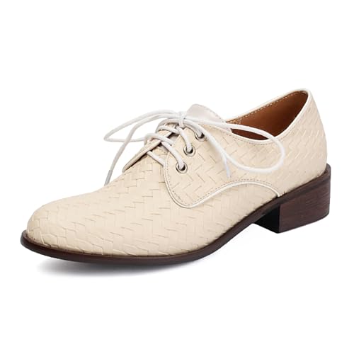 Damen Gewebtes PU-Leder Oxford Schuhe Schnüren Uniform Kleid Pumps Niedriger Ferse Freizeit Arbeitsschuhe,Beige,37 EU von Generic