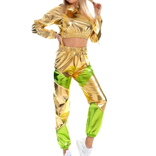 Damen Glänzende Metallic Trainingsanzug Jogginganzug Sportanzug Langarm Kapuzen Crop Top und Cargohose 2er Hosenanzug Hausanzug Glänzende Metallic Performance Tanzbekleidung (Gold, L) von Generic