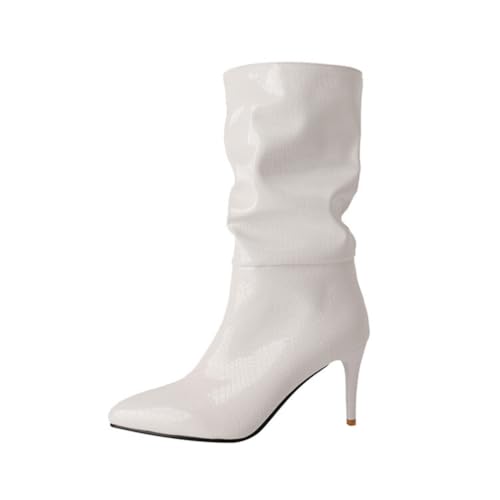 Damen Glänzende Stiefel Mittelhoch Mit Krokodilmuster Slouchy Design Spitze Zehenpartie Stiletto High Heels Slip on Lackleder Elegante Schuhe,Weiß,41 EU Damen Glänzende Stiefel Mittelhoch Mit Krokodilmuster Slouchy Design Spitze Zehenpartie Stiletto High Heels Slip on Lackleder Elegante Schuhe,Weiß,41 EU von Generic