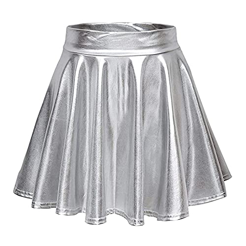 Damen Glänzendes flüssiges Metallic Plissee Flared Minirock Skaterrock A-Linie Mini-Skaterrock Rockabilly Tutu elastischen Rock Kurz Ballett Tanzkleid Ballkleid Karneval Kostüm Tutu (A04-Silver, S) von Generic