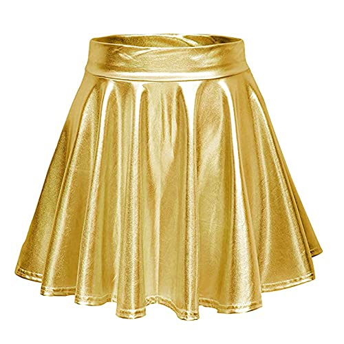 Damen Glänzendes flüssiges Metallic Plissee Flared Minirock Skaterrock A-Linie Mini-Skaterrock Rockabilly Tutu elastischen Rock Kurz Ballett Tanzkleid Ballkleid Karneval Kostüm Tutu Rock (A03-Gold, M) von Generic