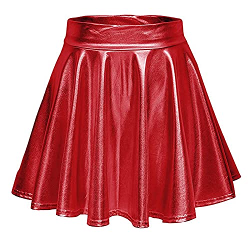 Damen Glänzendes flüssiges Metallic Plissee Flared Minirock Skaterrock A-Linie Mini-Skaterrock Rockabilly Tutu elastischen Rock Kurz Ballett Tanzkleid Ballkleid Karneval Kostüm Tutu Rock (A05-Red, S) von Generic