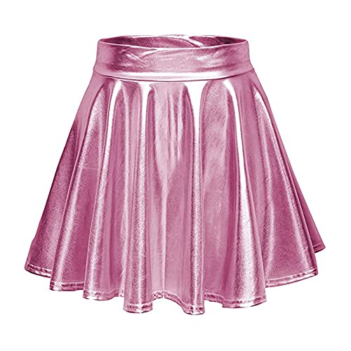 Damen Glänzendes flüssiges Metallic Plissee Flared Minirock Skaterrock A-Linie Mini-Skaterrock Rockabilly Tutu elastischen Rock Kurz Ballett Tanzkleid Ballkleid Karneval Kostüm Tutu Rock (A08-Pink, S) von Generic