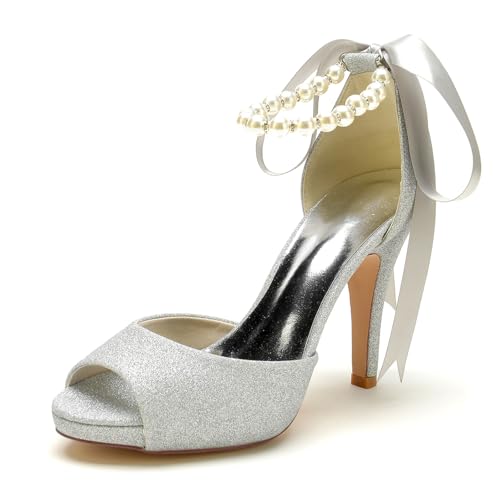 Damen Glitzer Band Krawatte Sandalen Perlen Knöchelriemen Brautschuhe Peeptoe Abend Party Kleid Schuhe Pfennig Hoher Absatz Braut Pumps,Silber,42 EU Damen Glitzer Band Krawatte Sandalen Perlen Knöchelriemen Brautschuhe Peeptoe Abend Party Kleid Schuhe Pfennig Hoher Absatz Braut Pumps,Silber,42 EU von Generic