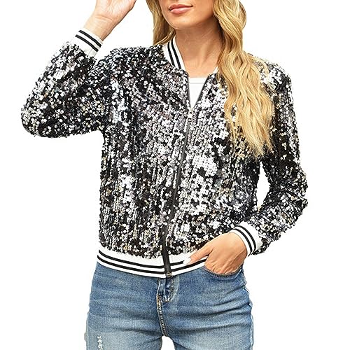 Damen Glitzer Pailletten Dünne Rib Rop Langarm Jacke Reißverschluss Bomberjacke Fliegenjacke Bikerjacke Baseballjacke Damen Pailletten Cardigan Jacke Langarm Glitzer Bomberjacke Party (2-Black, XXL) von Generic