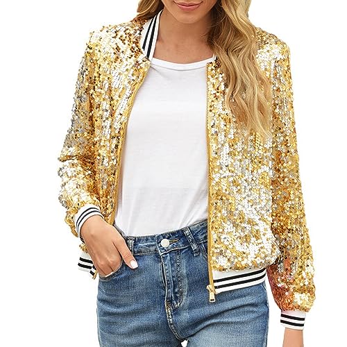 Damen Glitzer Pailletten Dünne Rib Rop Langarm Reißverschluss Bomberjacke Fliegenjacke Bikerjacke Jacke (Gold, M) von Generic