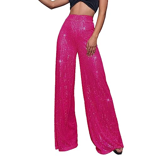 Damen Glitzer Pailletten Hose hoch taillierte Schlaghose ausgestellte Hose dehnbar lässige Home Hose Mode Hose Hosen Damen 3/4 (Z1215-1-Hot Pink, M) von Generic