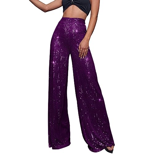 Damen Glitzer Pailletten Hose hoch taillierte Schlaghose ausgestellte Hose dehnbar lässige Home Hose Mode Hose Hosen Damen 3/4 (Z1215-1-Purple, XXXL) von Generic