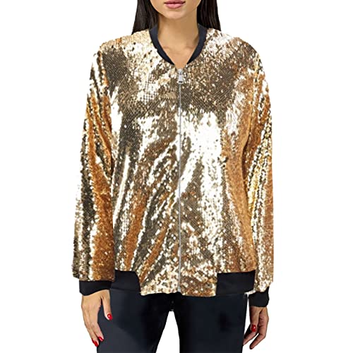 Damen Glitzer Pailletten Jacke Hiphop Langarm Bomberjacke Fliegenjacke Bikerjacke Outwear, Damen Jacke Langarm Holographi Party Leicht Bomberjacke Metallic Jacke Holographi Reißverschluss (Gold, XXL) von Generic