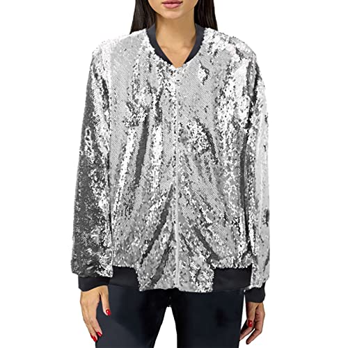 Damen Glitzer Pailletten Jacke Hiphop Langarm Bomberjacke Fliegenjacke Bikerjacke Outwear, Damen Jacke Langarm Holographi Party Leicht Bomberjacke Metallic Jacke Holographi Reißverschluss (Silver, XL) von Generic