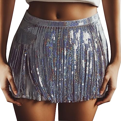 Damen Glitzer Rock Pailletten Faschingkostüm Quasten Rave Rock Bauchtanz Festliche Kostüm Bauchtanz Party Club Outfits Karneval Mini Rock Fransen Latin Dance Röcke Glitzernde (Silver, L) von Generic