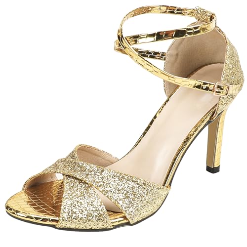 Damen Glitzer Sandalen mit Kreuzriemen Stilettoabsatz 9cm Rundspitze Krokodilgeprägtes PU Leder Oberteil Glitzernde Spitze & Ferse Abendschuhe,Gold,37 EU von Generic