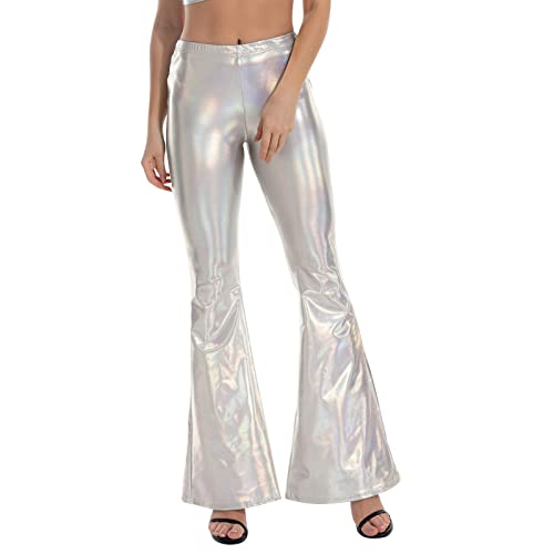 Damen Glitzer Schlaghose Disco Weite Bein Tanzhosen Vintage 70er Palazzo Lange Hose Wide Leg Pants Hohe Taille Kunstlederhose Boot Cut Stretch Leggings Flared Hosen Clubwear (Weiß, S) von Generic