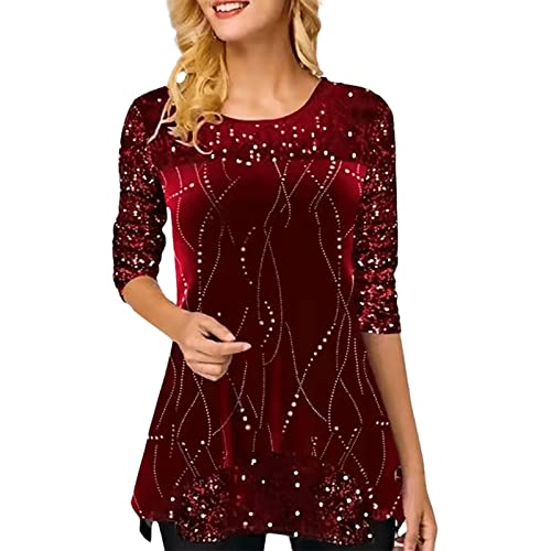 Damen Glitzer Shirt Langarm Bluse Rundhals Oberteile Schön Glänzend Longshirt Casual T Shirt Elegante Festlich Mode Glitzertop Longline Pailletten Bluse Tunika von Generic