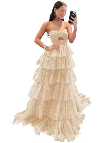 Damen Glitzer TüLl Ballkleid TräGerlos AushöHlen Ballkleid Lang Stufen RüSchen Formelle Abendkleider Champage XS von Generic