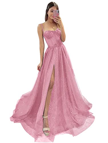 Damen Glitzer TüLl Ballkleider SpaghettiträGer Spitze Applikationen Formelle Abendkleider Hoher Schlitz Sweetheart Partykleid Dusty Pink M von Generic