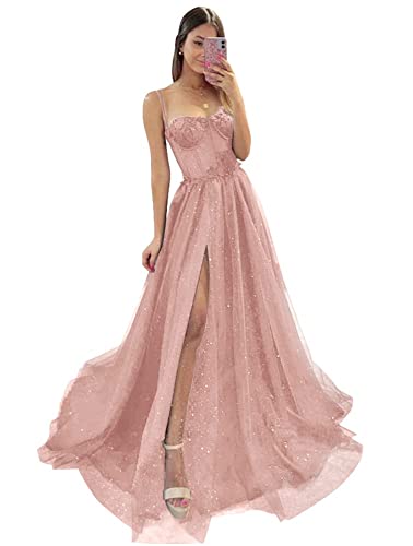 Damen Glitzer TüLl Ballkleider SpaghettiträGer Spitze Applikationen Formelle Abendkleider Hoher Schlitz Sweetheart Partykleid Dusty Rose M Damen Glitzer TüLl Ballkleider SpaghettiträGer Spitze Applikationen Formelle Abendkleider Hoher Schlitz Sweetheart Partykleid Dusty Rose M von Generic