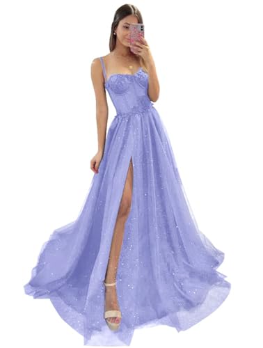 Damen Glitzer TüLl Ballkleider SpaghettiträGer Spitze Applikationen Formelle Abendkleider Hoher Schlitz Sweetheart Partykleid Lilac L von Generic