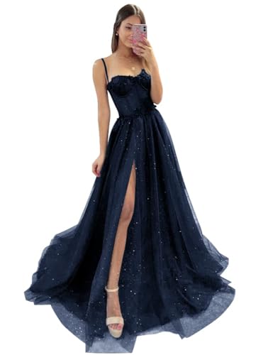Damen Glitzer TüLl Ballkleider SpaghettiträGer Spitze Applikationen Formelle Abendkleider Hoher Schlitz Sweetheart Partykleid Navy Blue S von Generic