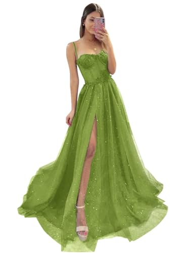 Damen Glitzer TüLl Ballkleider SpaghettiträGer Spitze Applikationen Formelle Abendkleider Hoher Schlitz Sweetheart Partykleid Olive Green L von Generic