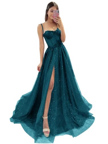 Damen Glitzer TüLl Ballkleider SpaghettiträGer Spitze Applikationen Formelle Abendkleider Hoher Schlitz Sweetheart Partykleid Peacock S von Generic