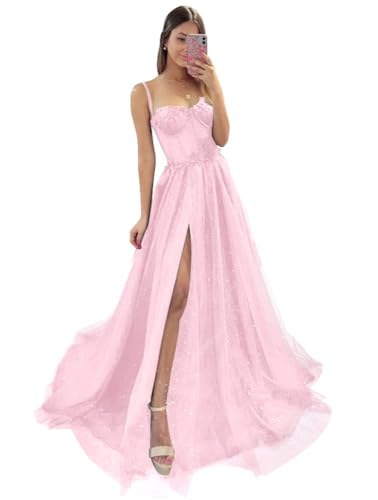 Damen Glitzer TüLl Ballkleider SpaghettiträGer Spitze Applikationen Formelle Abendkleider Hoher Schlitz Sweetheart Partykleid Pink XS von Generic