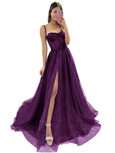 Damen Glitzer TüLl Ballkleider SpaghettiträGer Spitze Applikationen Formelle Abendkleider Hoher Schlitz Sweetheart Partykleid Plum XXL von Generic