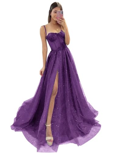 Damen Glitzer TüLl Ballkleider SpaghettiträGer Spitze Applikationen Formelle Abendkleider Hoher Schlitz Sweetheart Partykleid Purple S von Generic