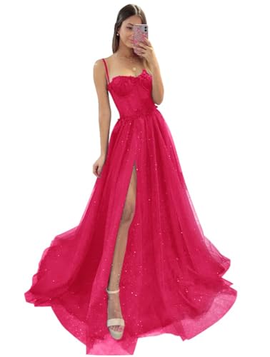 Damen Glitzer TüLl Ballkleider SpaghettiträGer Spitze Applikationen Formelle Abendkleider Hoher Schlitz Sweetheart Partykleid Rose Red 4XL von Generic