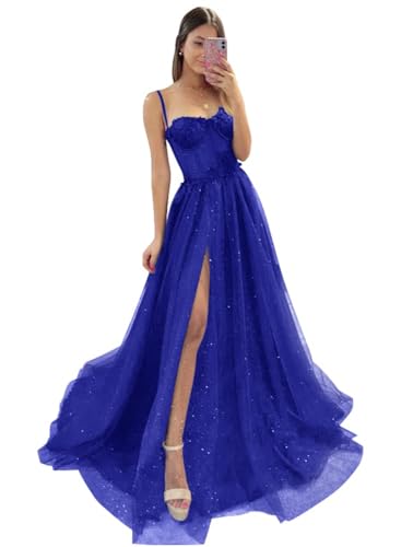 Damen Glitzer TüLl Ballkleider SpaghettiträGer Spitze Applikationen Formelle Abendkleider Hoher Schlitz Sweetheart Partykleid Royal Blue S von Generic