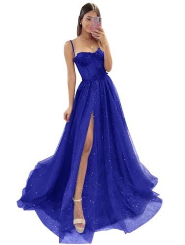 Damen Glitzer TüLl Ballkleider SpaghettiträGer Spitze Applikationen Formelle Abendkleider Hoher Schlitz Sweetheart Partykleid Royal Blue XXL von Generic