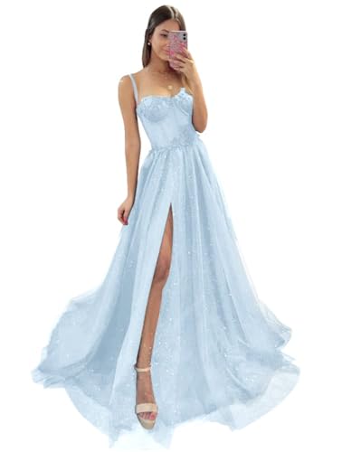 Damen Glitzer TüLl Ballkleider SpaghettiträGer Spitze Applikationen Formelle Abendkleider Hoher Schlitz Sweetheart Partykleid Sky Blue XXS von Generic