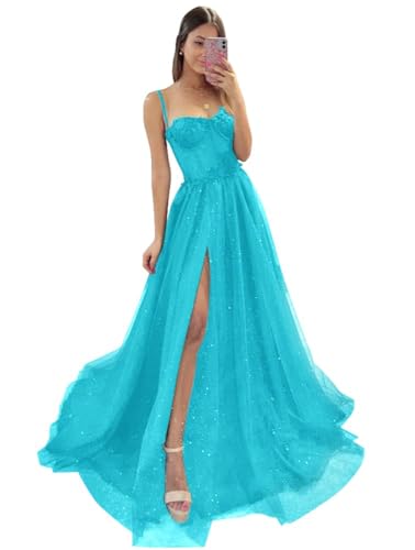 Damen Glitzer TüLl Ballkleider SpaghettiträGer Spitze Applikationen Formelle Abendkleider Hoher Schlitz Sweetheart Partykleid Turquoise M Damen Glitzer TüLl Ballkleider SpaghettiträGer Spitze Applikationen Formelle Abendkleider Hoher Schlitz Sweetheart Partykleid Turquoise M von Generic