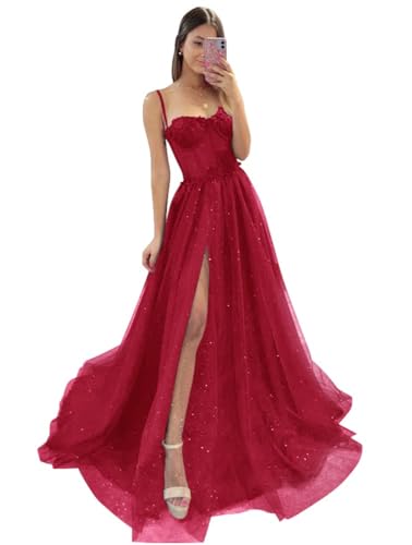 Damen Glitzer TüLl Ballkleider SpaghettiträGer Spitze Applikationen Formelle Abendkleider Hoher Schlitz Sweetheart Partykleid Wine Red XXS von Generic
