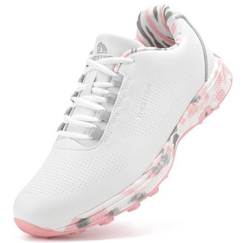Damen Golfschuhe Spikeless Leder Leichte Golf Sport Turnschuhe Wasserdicht Stilvolle Golfschuhe,Pink a,43 EU von Generic