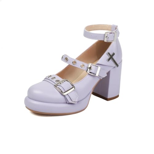 Damen Gothic Plateau Mary Janes Blockabsatz Mehrfach Schnallen Kreuz Dekor Runde Zehen PU Leder Obermaterial Strapazierfähig rutschfest Stilvoll Party Cosplay Schuhe,Rosa,42.5 EU von Generic
