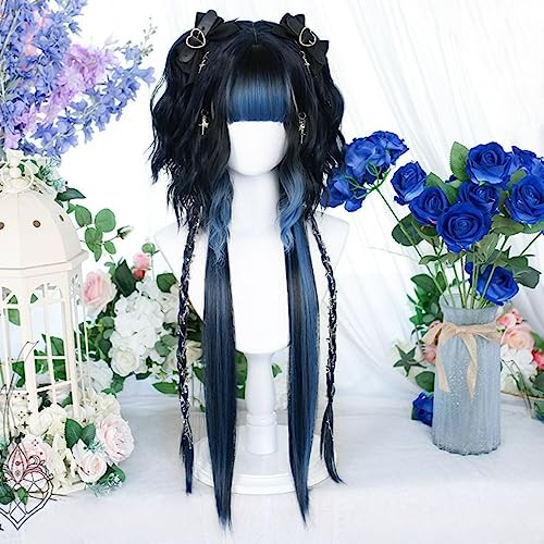 Damen Gradient Blau Geschichtete Perücken Lolita Cosplay Perücke JK Party Halloween Perücke Mit Pony Hitzebeständiges Kunsthaar von Generic