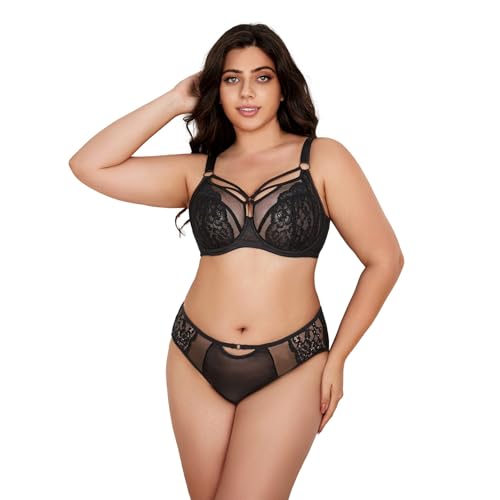 Damen Größen Minimizer BH, Spitze Unterwäsche Alltag Bra mit Schnürung, Durchsichtige Ungepolsterte(Black set,90H) von Generic