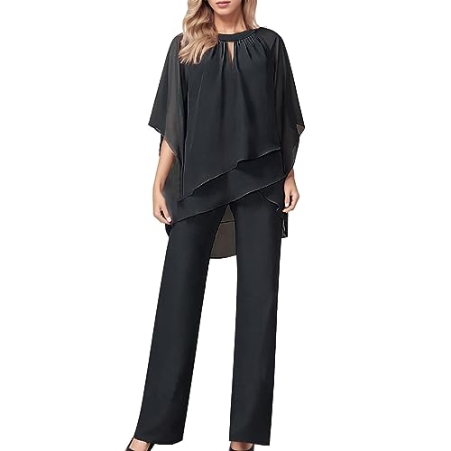 Damen Große Größen Elegant Abendanzug Sets 2-Teiliges Set Cocktail Party Festlich Hosenanzug Zweiteiler Chiffon Shirt Und Hohe Taille Hosenanzug Elegant von Generic