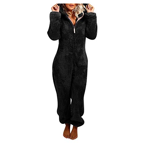 Damen Große Jumpsuit Teddy Fleece Einteiler Onesie Plüsch Overall Lang Pyjama Bequemer Hausanzug Anzug Flauschig Schlafanzug Flauschig und Kuschelig Weich Warm Loungewear Overall Warm (Schwarz,S) von Generic