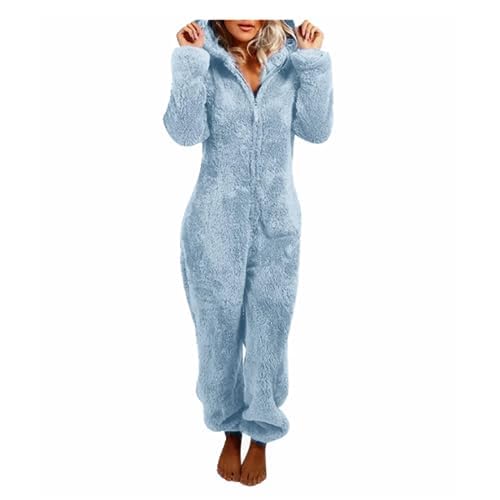 Damen Große Jumpsuit Teddy Fleece Warm Einteiler Onesie Plüsch Overall Lang Pyjama Bequemer Hausanzug Anzug Flauschig Schlafanzug und Kuschelig Weich Warm Loungewear Overall Warm (Blau,XL) von Generic