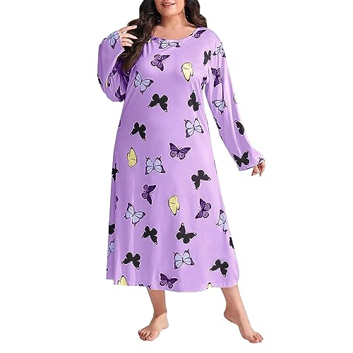 Damen Große Lose Langarm Schmetterling Print Drop Schulter Lange Schlafkleid Damen Nachthemden Nachthemd Nachtwäsche Loungewear, violett, 54 von Generic