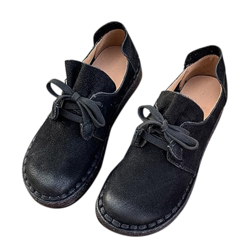 Damen Große Weiche Sohle Schnürschuhe 𝐏enny Loafer Weiche 𝗟eder Mokassin Rund Breit Riemen stoßdämpfende Halbschuhe Vielseitige Memory 𝗙oam Freizeitschuhe Max Schuhe (Black, 37) von Generic