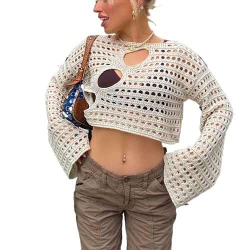 Damen Häkelstrickpullover Hollow Out Crop Top Lange Ausgestellte Ärmel Strick Bolero Shrug Sweater Y2k Pullover Tops .., Farbe: Beige, M von Generic