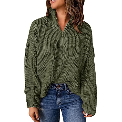 Damen Half Zip Pullover Strickpullover Stehkragen Grobmaschig Elegant Pulli Langarm Grobstrickpullover Lose Winterpullover Warm Turtleneck Sweater Jumpers Oberteile Tops Herbst Outfit Kleidung Frauen von Generic