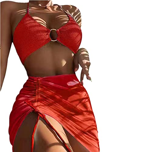 Damen Halfter Ring Bikini Set mit Kordelzug Cover Up Rock 3-teilig Badeanzug Baden Strand, Orange, 40-42 von Generic