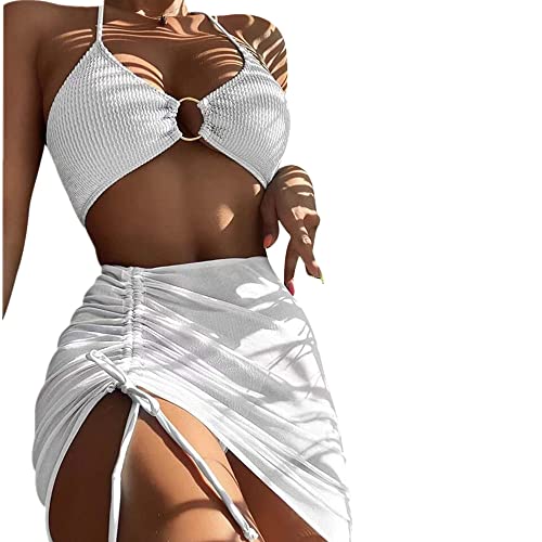 Damen Halfter Ring Bikini Set mit Kordelzug Cover Up Rock 3-teilig Badeanzug Baden Strand, weiß, 36 von Generic