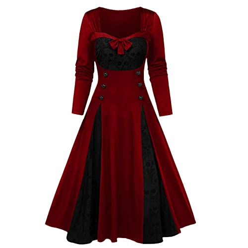 Damen Halloween Kostüm Viktorianisches Kleid, Schwarzes Kleid Gothic Feenkleid Kami für Hochzeit Schicke Festlich Hofstil Modisches Totenkopf Samt Eine Linie Kleid Rot XXXXL von Generic