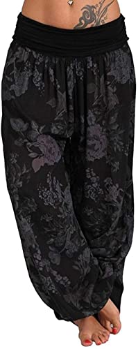 Damen Haremshose Lose Boho Gemusterte Einfacher Stil Yogahose Hohe Taille Damen Blumenhose Hose Plus Größe Weite Beine Baggy Pants (Color : Schwarz, Einheitsgröße : 4XL) von Generic