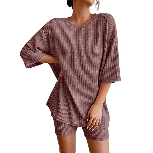 Damen Hausanzug 2-Teilig Strick: Zweiteiler Damen Sommer Kurze Hose Und Top Loungewear Gewinde Einfarbig 2 Teiler Luftig Casual Sportset Locker Leicht Bekleidung Set Sport Elegant Shorts Hosenanzüge von Generic